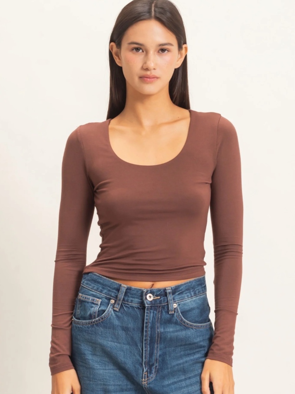 NEW 🤎 Double Zero Chocolate Brown Scoop Neck Long Sleeve Tee – Small